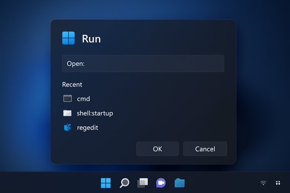 Windows Run dialog showing recent items: cmd, shell:startup, regedit.