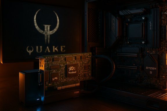 Retro PC with a Voodoo2 graphics card in a Ryzen motherboard, under warm amber glow.
