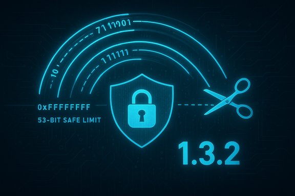 Neon blue security shield with a lock, 53-bit safe limit text, and a scissors-cut arc; version 1.3.2.