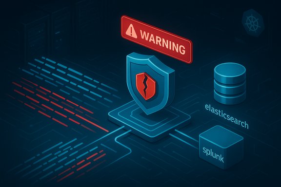Warning sign over a cracked shield, signaling a cyber threat to Elasticsearch and Splunk.