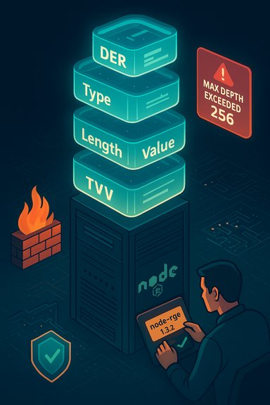 Neon isometric server stacks DER TLV blocks beneath a “Max depth exceeded” warning.
