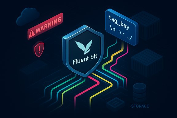 Neon isometric scene showing a Fluent Bit shield with colorful data paths to cloud and storage.
