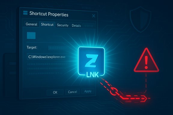 Glowing blue Z LNK shortcut icon pointing to C:\Windows\explorer.exe, with a red warning triangle nearby.