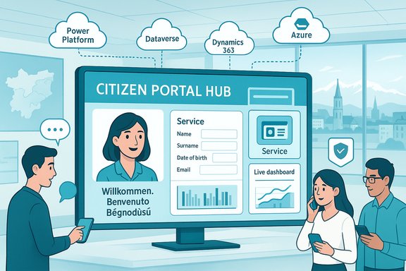 People use a large Citizen Portal Hub on a screen, with cloud service icons floating above.