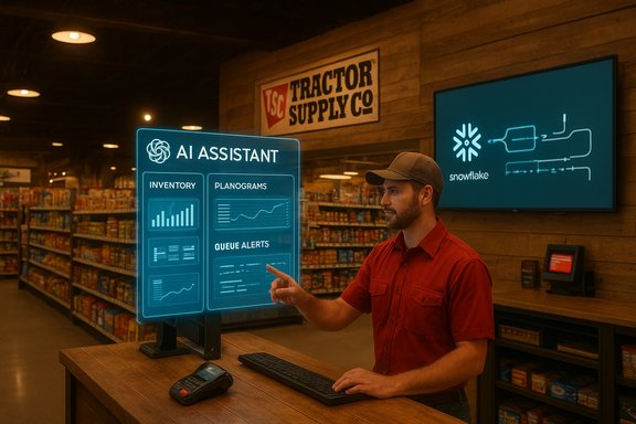 A store employee interacts with a holographic AI assistant for inventory management.