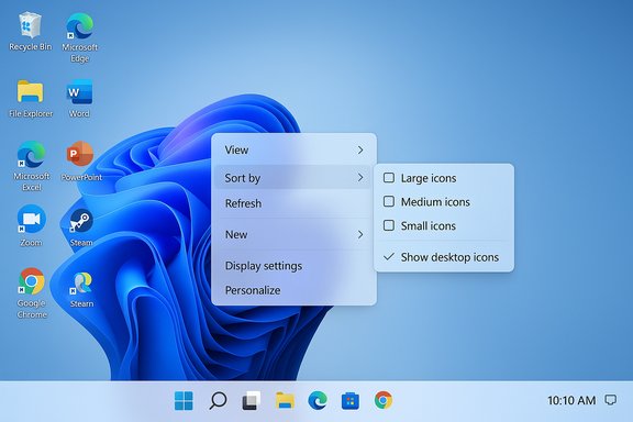 Windows 11 desktop with blue wallpaper, left icons, and a two-level icon-size menu.