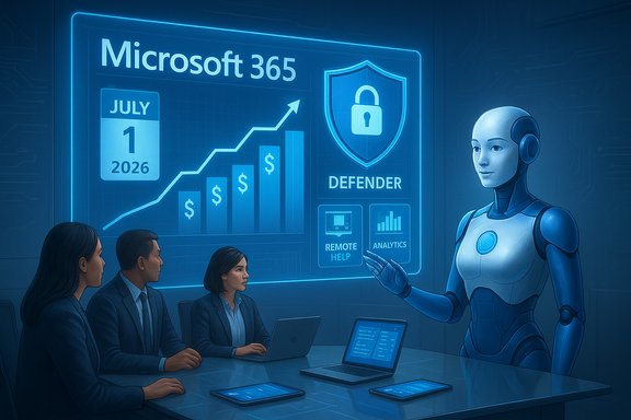 A robot presenter shows a Microsoft 365 Defender dashboard to a business team.