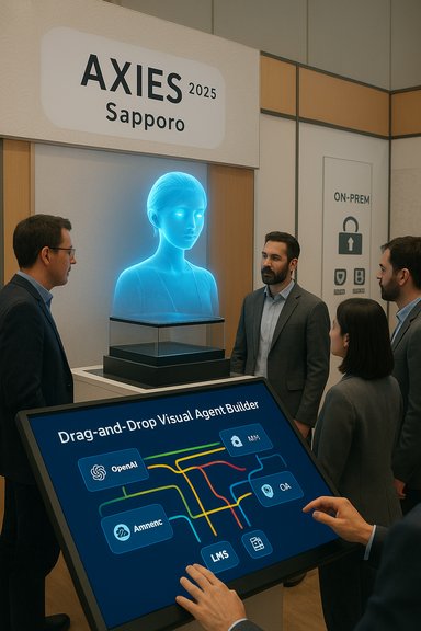 AXIES 2025 Sapporo booth features a blue holographic figure beside a drag-and-drop AI builder screen. AXIES 2025 Sapporo booth features a blue holographic figure beside a drag-and-drop AI builder screen.