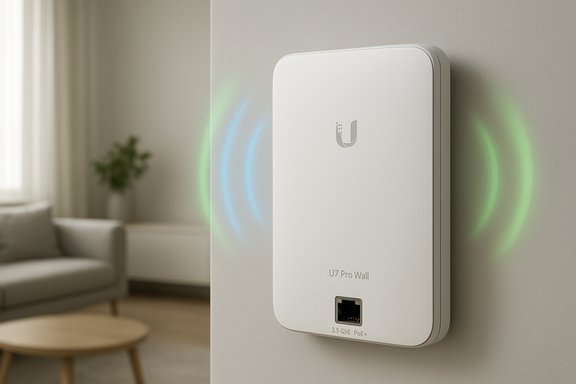 White wall-mounted UniFi U7 Pro Wall access point emitting blue and green signal rings.