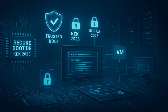 Blue holographic circuit diagram illustrating secure boot, KEK 2023, and UEFI trust.