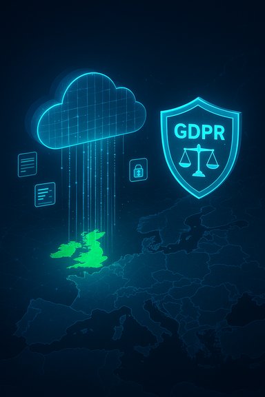 Glowing blue cloud data streams into the UK under a GDPR shield.
