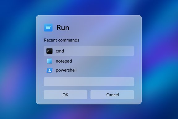 Mac Run dialog showing recent commands: cmd, notepad, powershell.