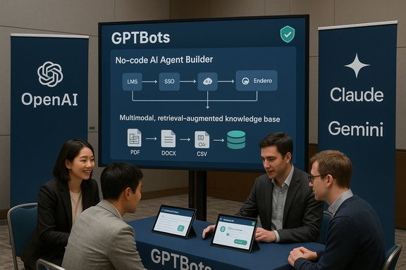 Team presents GPTBots no-code AI agent builder amid OpenAI and Claude banners. Team presents GPTBots no-code AI agent builder amid OpenAI and Claude banners.
