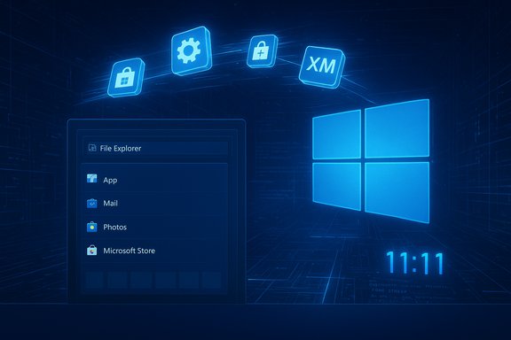 A futuristic blue Windows interface with a File Explorer panel and floating app icons.