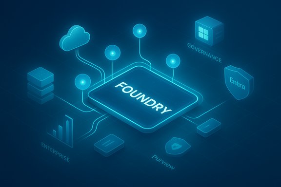 Neon blue isometric graphic of Foundry data platform linked to governance, enterprise, Entra, and Purview.