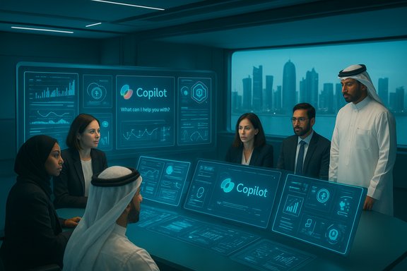 A diverse team gathers around holographic Copilot dashboards in a futuristic control room.