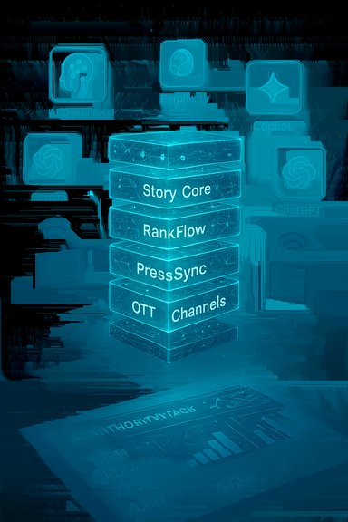 A glowing holographic stack of AI modules labeled Story Core, RankFlow, PressSync, OTT Channels.
