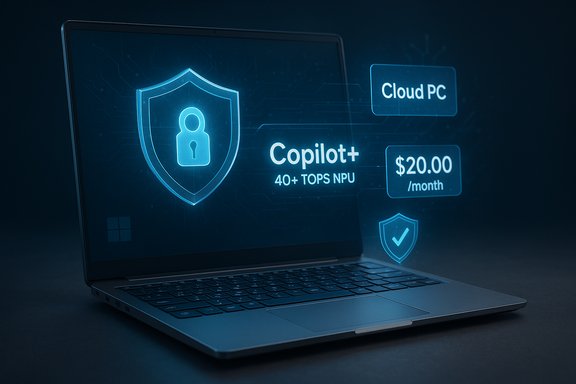 Futuristic laptop display showing Copilot+ Cloud PC with shield icon and $20/month.