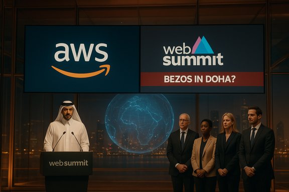 Web Summit stage with AWS branding and a presenter at the podium alongside a diverse team.