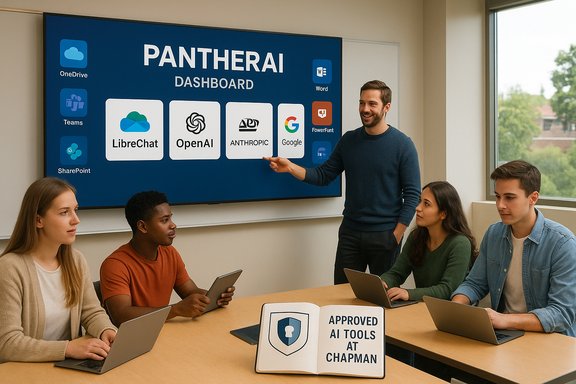 A presenter points to a PantherAI dashboard on a screen as students work on laptops.