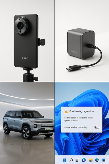 A four-panel collage: Oppo phone on a tripod, USB-C charger, silver SUV in showroom, and Windows warning dialog.
