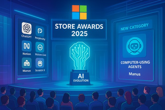 Store Awards 2025 stage featuring AI Evolution trophy with glowing circuit-brain and app icons.