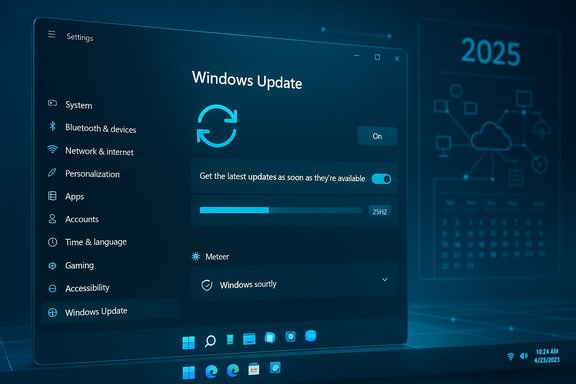 Windows Update settings on a blue, futuristic Windows UI with an update toggle.