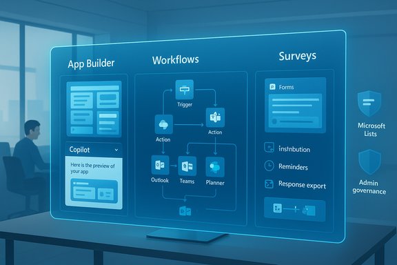 Blue holographic dashboard showing App Builder, Workflows, and Surveys.