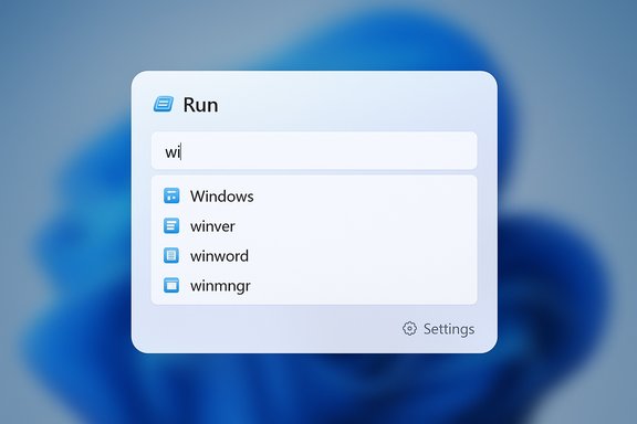 Run dialog with 'wi' typed, showing Windows options on a soft blue background.