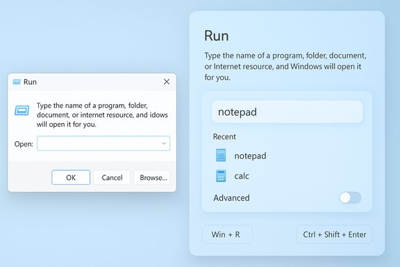 Two blue Run dialogs show typing notepad with recent apps list on a soft UI.