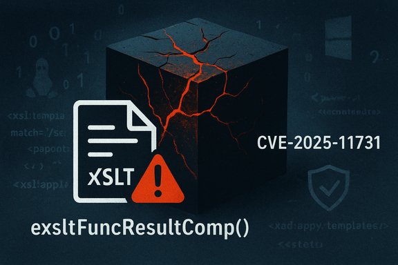 XSLT vulnerability illustration for CVE-2025-11731 with a cracked lava cube and warning sign.