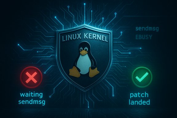 Linux kernel shield with Tux the penguin, set against circuitry, showing patch landed vs waiting.