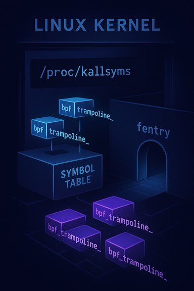 Linux kernel schematic illustrating /proc/kallsyms, symbol table, and BPF trampoline blocks.