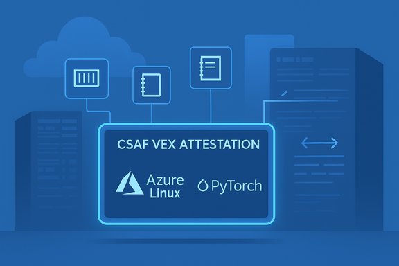 Blue tech illustration of CSAF VEX attestation with Azure Linux and PyTorch logos.