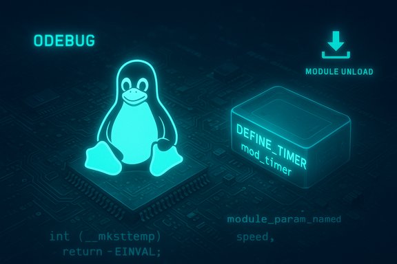 Neon Linux debug scene with Tux the penguin beside a timer module on a circuit board.