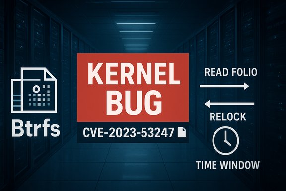 Server room with a large red KERNEL BUG warning and CVE-2023-53247.