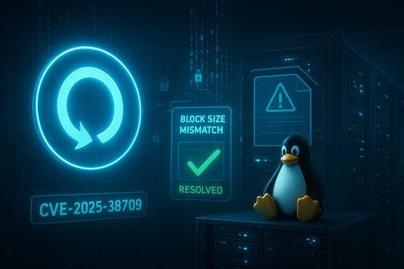 Linux penguin sits on a server beneath neon security alerts, including CVE-2025-38709.