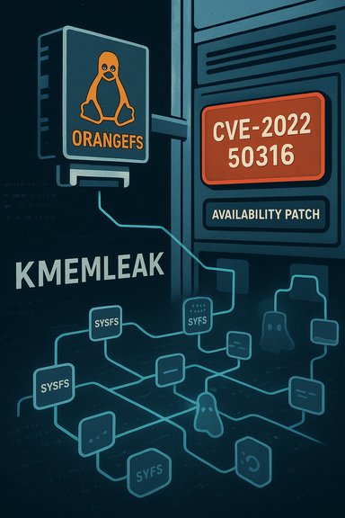 Cybersecurity infographic showing KMEMLEAK, CVE-2022-50316 patch, and a connected SYSFS network diagram.