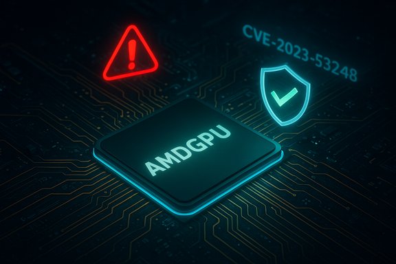 Glowing AMDGPU chip on a circuit board with red warning triangle and blue shield icon.