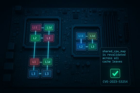 Illustration of CPU cache hierarchy (L1/L2/L3) with revalidation across all cache leaves (CVE-2023-53254).