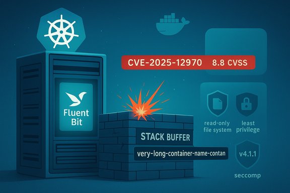 Illustration of CVE-2025-12970 causing a stack-buffer overflow in Fluent Bit within a container.