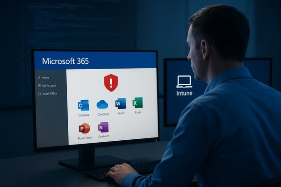 IT professional at a desk, Microsoft 365 apps with alert on screen and Intune on a second monitor.