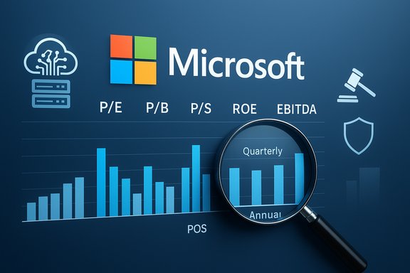 Microsoft finance dashboard showing quarterly bar charts under a magnifying glass.