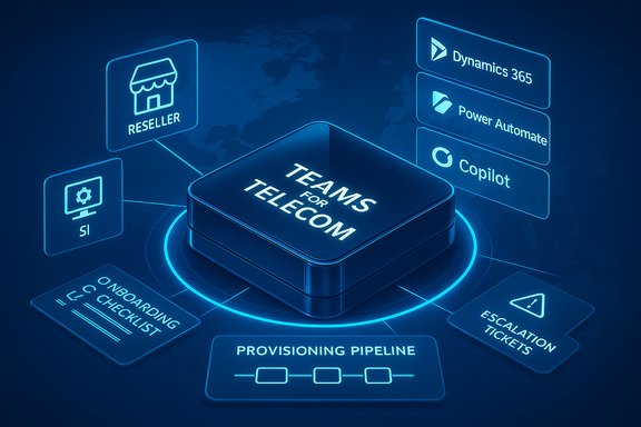Neon blue diagram illustrating Teams for Telecom with partners, tools, and a provisioning pipeline.