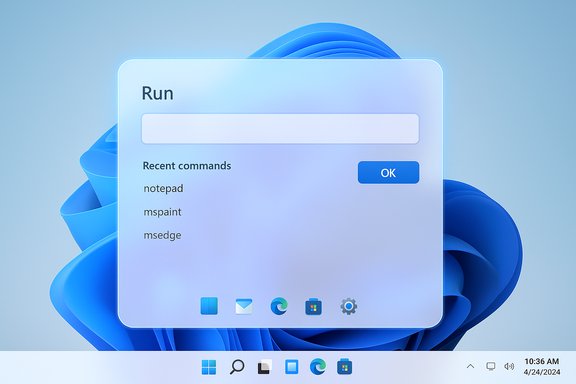 Windows 11 Run dialog on desktop showing recent commands and an OK button.