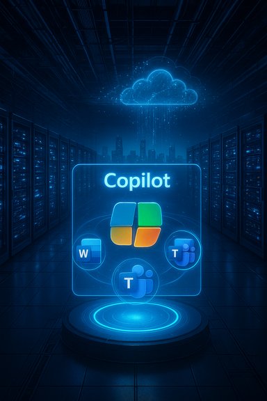 A futuristic data center with a neon holographic Copilot interface and cloud data visualization.