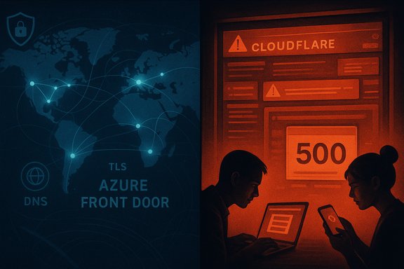 A split screen: blue global network map on the left, red Cloudflare 500 error with two people at devices on the right.