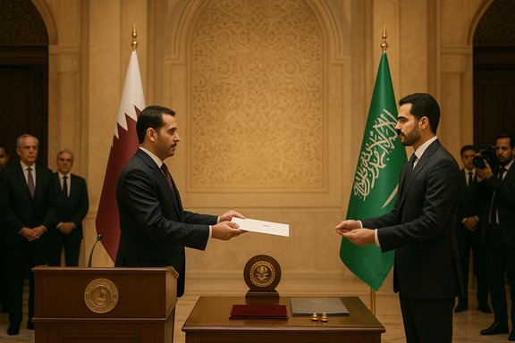 Two officials exchange a document during a formal ceremony, with Qatar and Saudi flags in the background.