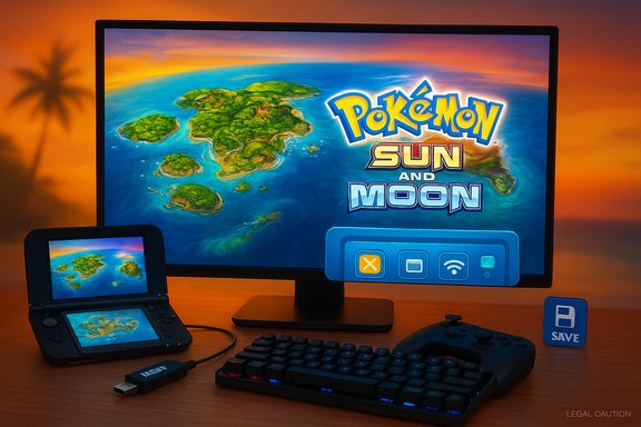 Pokémon Sun and Moon setup featuring a large monitor and a 3DS displaying the game.