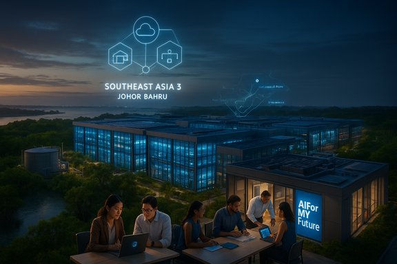 A holographic network diagram hovers over a glass-walled campus as a team collaborates outdoors at dusk.